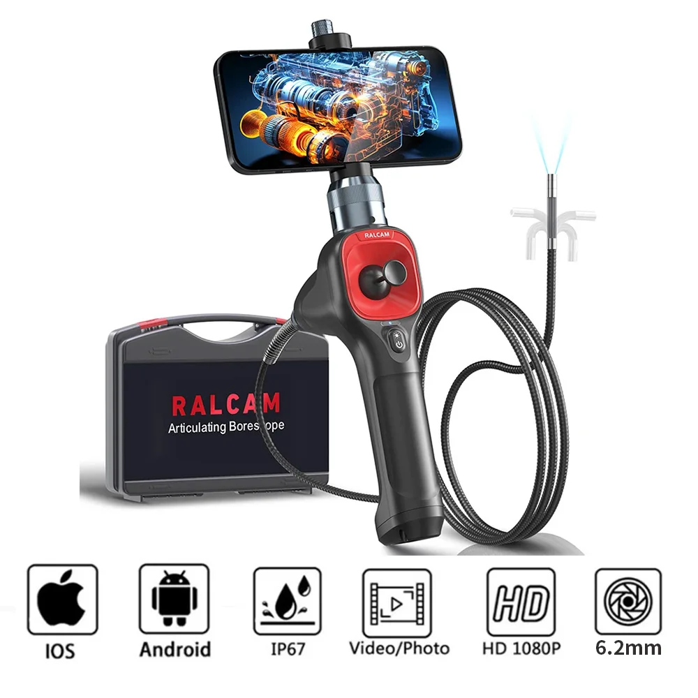 Ralcam 6,2 mm rotativo de 4 vias 720 °   Câmera endoscópica de tubulação industrial para smartphone tipo-c android ios câmera de inspeção endoscópica