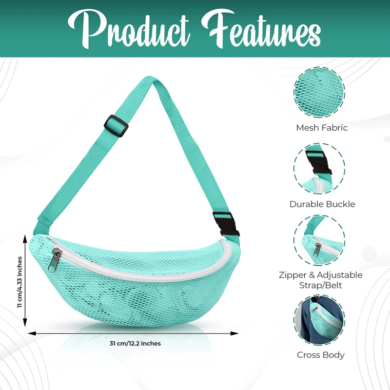 Beach Mesh Fanny Pack Mesh Beach Bag Waterproof Adjustable Belt Portable Lightweight Outdoor Sports Waist Pack Sports Travel