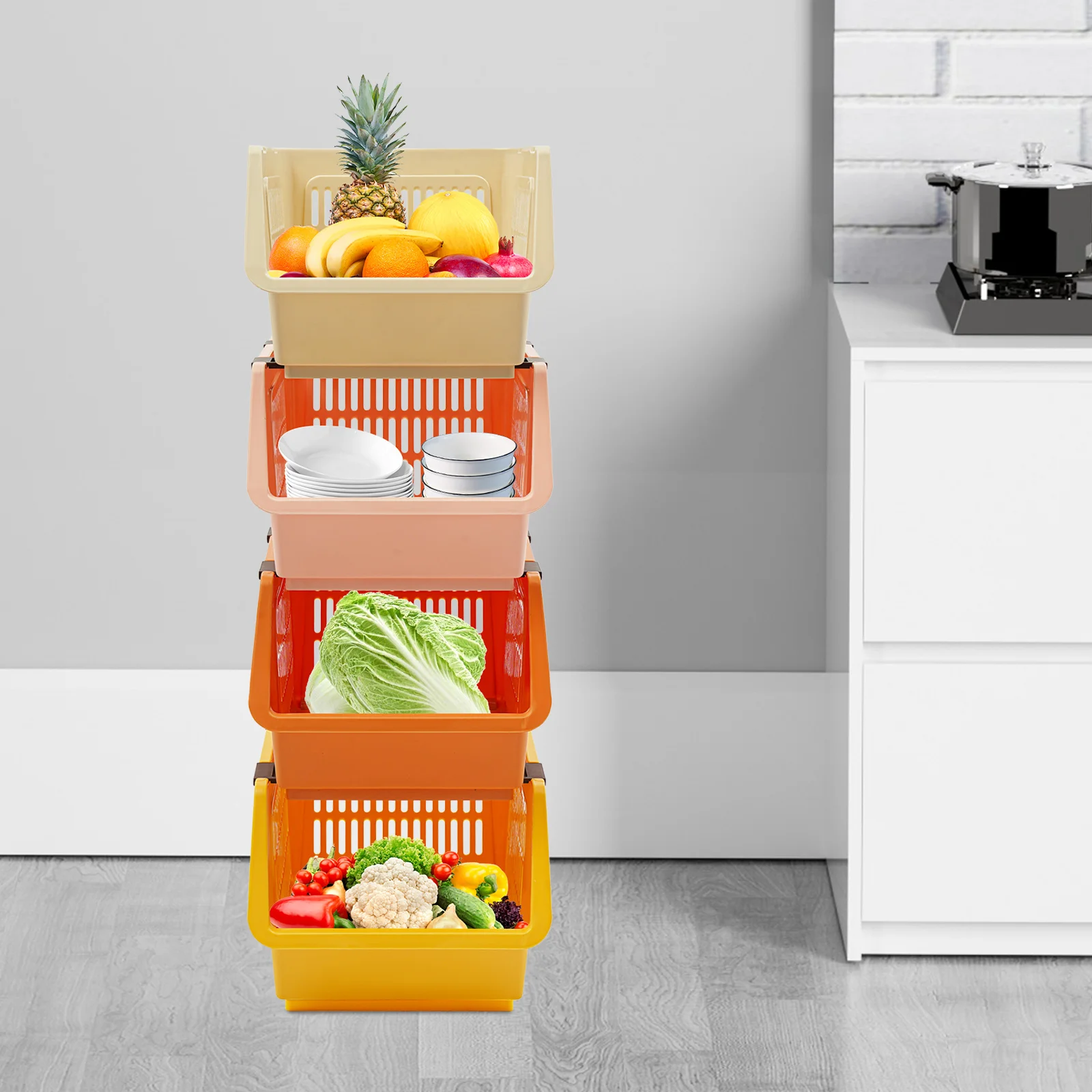 سلال تخزين كبيرة قابلة للتكديس، 4 صناديق تنظيم مع مقابض، صناديق بلاستيكية قابلة للطي لتنظيم مخزن الخزانة #6