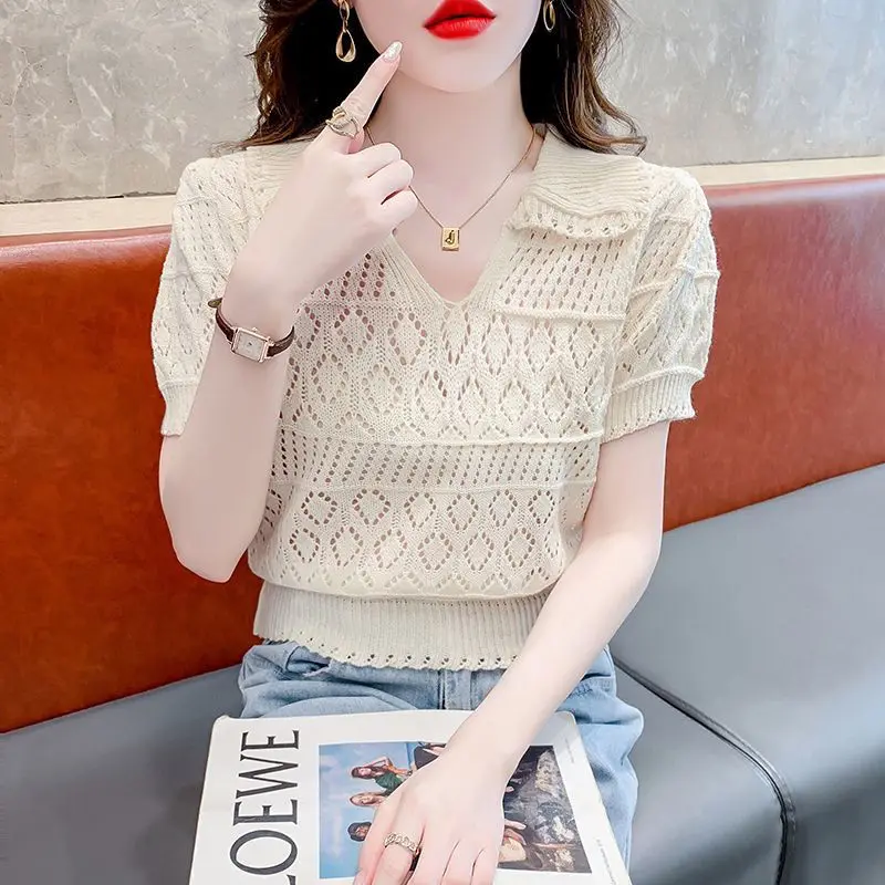 Ice Silk Short Sleeve Knitted Top Women's T-Shirt 2024 New Summer Crochet Cutout Thin Knit Polo Neck Cropped Top