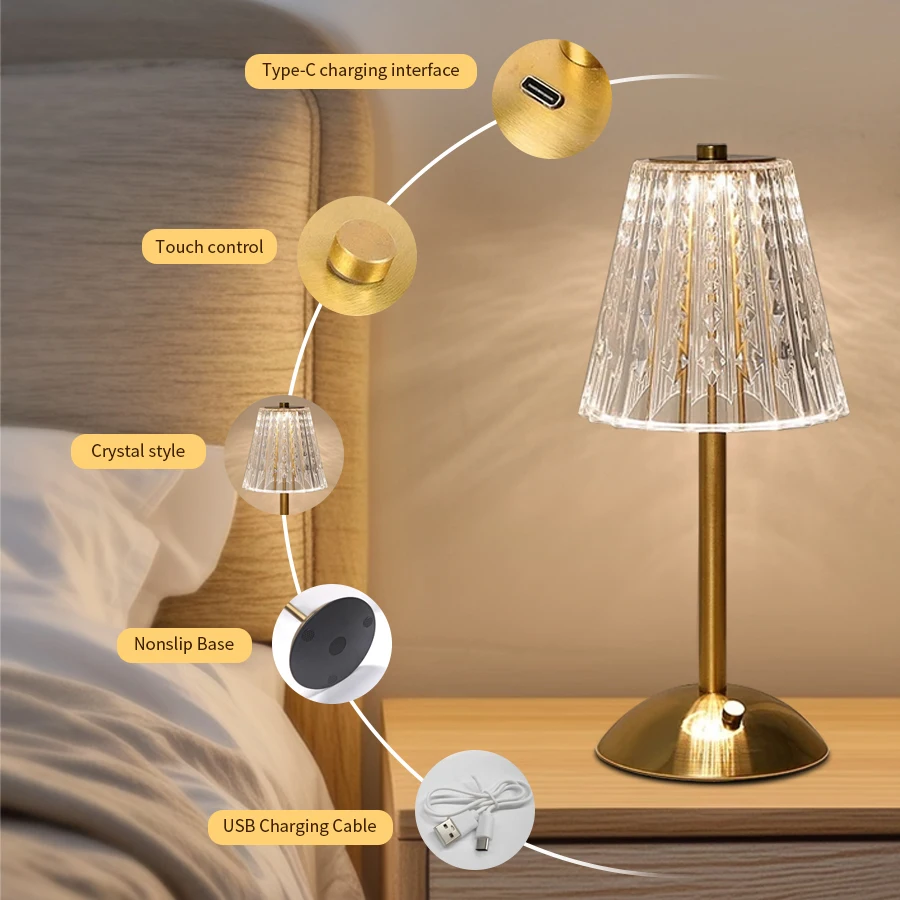 LED Table Lamp Touch Switch Rechargeable Desktop Night Light Dimmable Atmosphere Lamp for Reading Bedroom Hotel Bar Decor Light