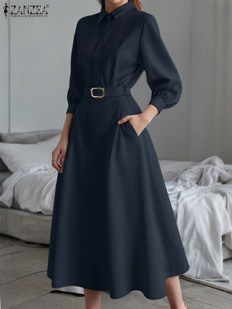 Stylish Autumn Shirt Dress 2025 ZANZEA Office Women Dress Elegant Long Sleeve OL Work Sundress Belted Robe Solid Buttons Vestido