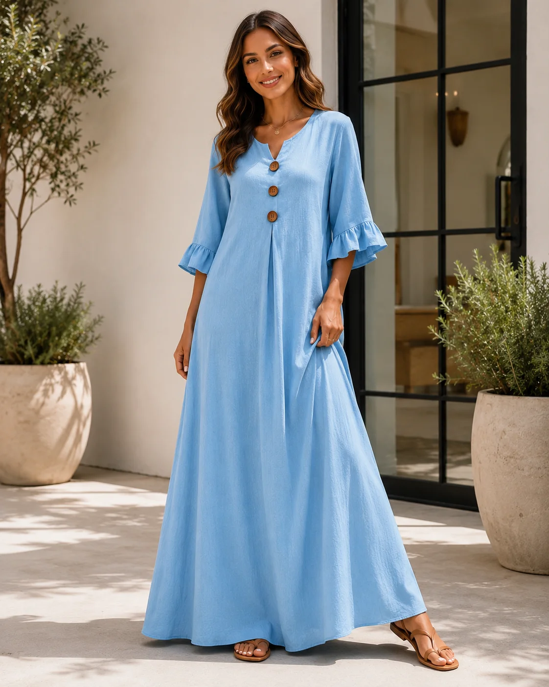 Übergröße Europäisches und Amerikanisches Cross-Border Herbst- und Winterkleid in Unifarbe für Damen mit V-Ausschnitt, Langes Modisches Elegantes Kleid – Detail 2