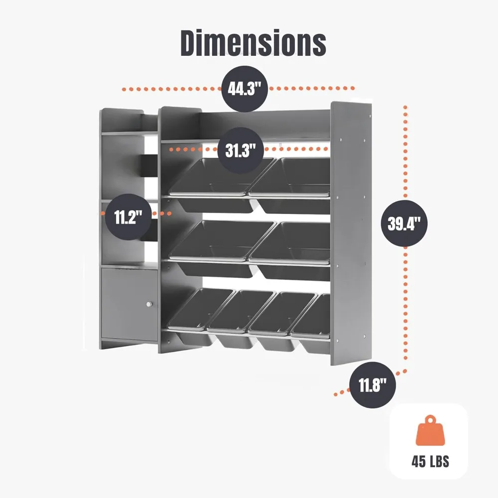 منظم تخزين ألعاب الأطفال مع رف وصناديق رمادية - حل مثالي