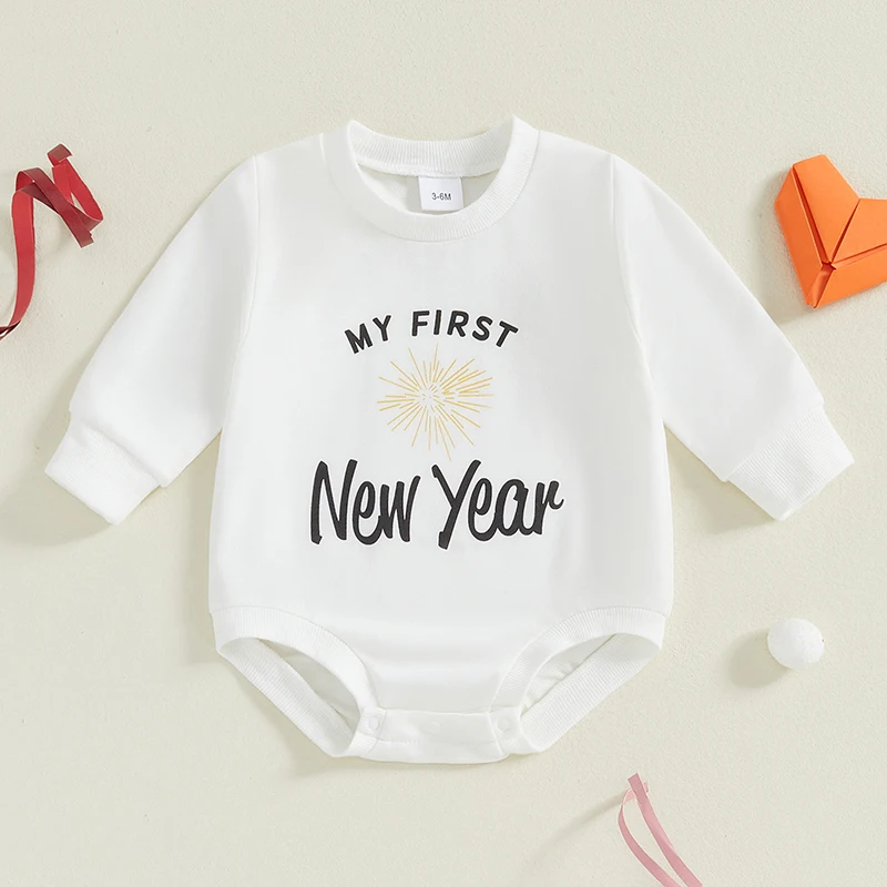 

Suefunskry Baby Girls Boys Sweatshirt Romper New Year Clothes Letter Firework Print Long Sleeve Toddler Fall Bodysuit