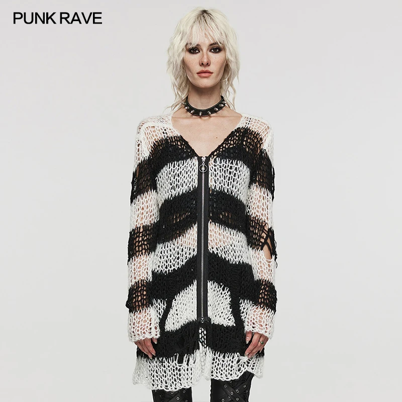 

PUNK RAVE Women's Punk Striped Cardigan Soft Sweater Irregular Personality Holes Daily Exquisite Skull Pendant Casual