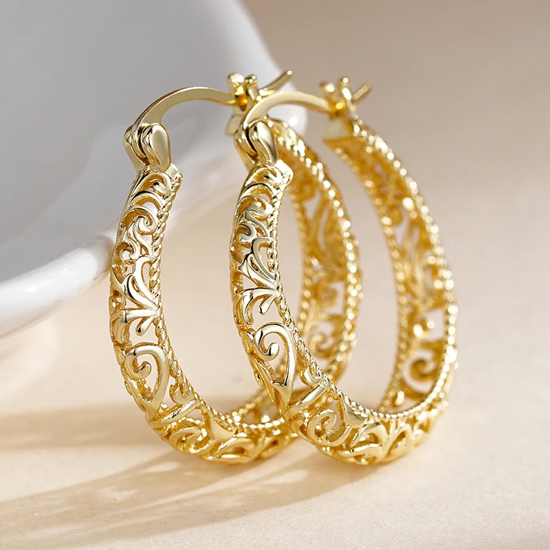 Huitan Exquisite Hollow Pattern Hoop Earrings for Women Opulent Vintage Engagement Jewelry Modern Elegant Party Ear Accessories