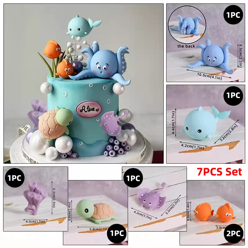 Under the Sea Cake Decorations Ocean Animals Cake Topper with Pearlescent Balls Decorations for Ocean Theme Boy Girl Baby Shower