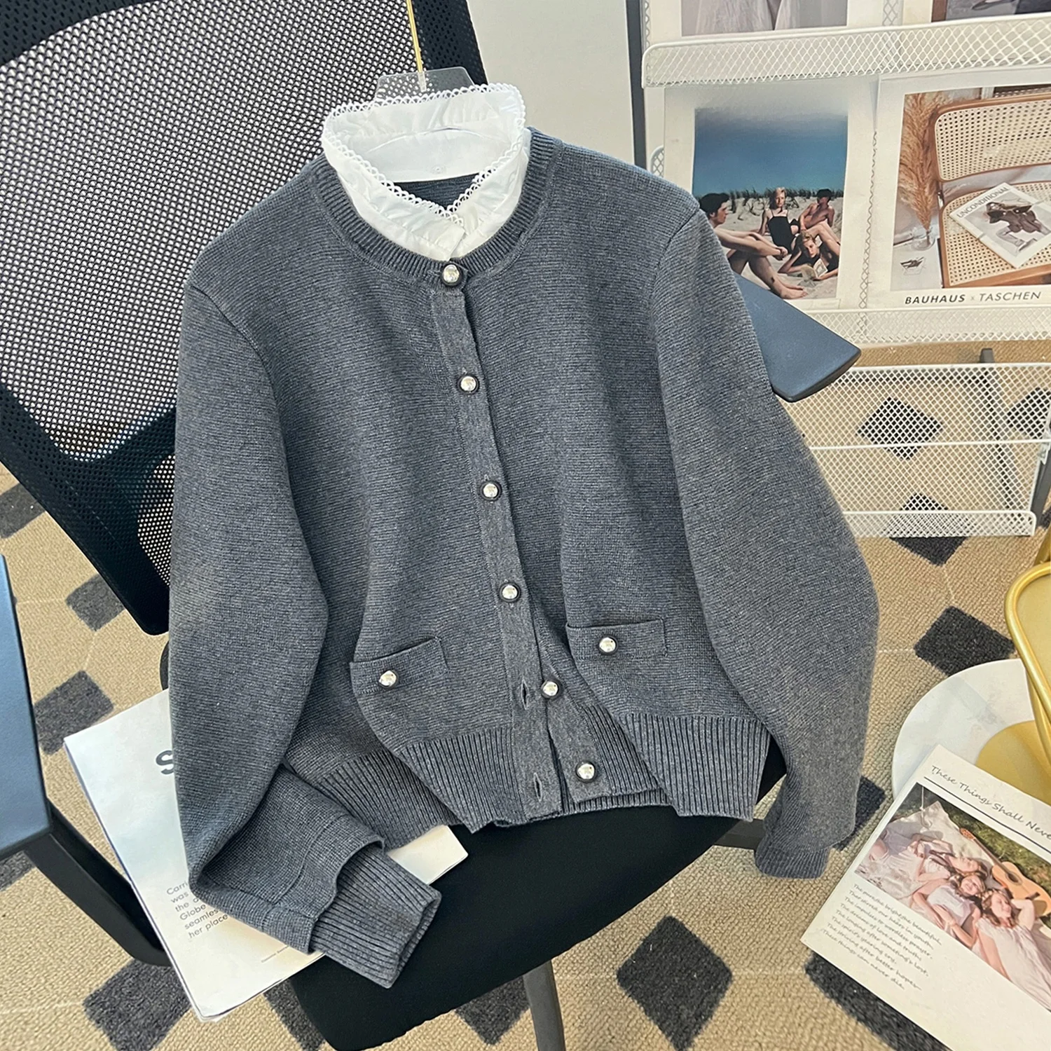 

Нежный цветной вязаный кардиган с отстегивающимся кружевным воротником для женщин, утепленный, осенне-зимний, новинка