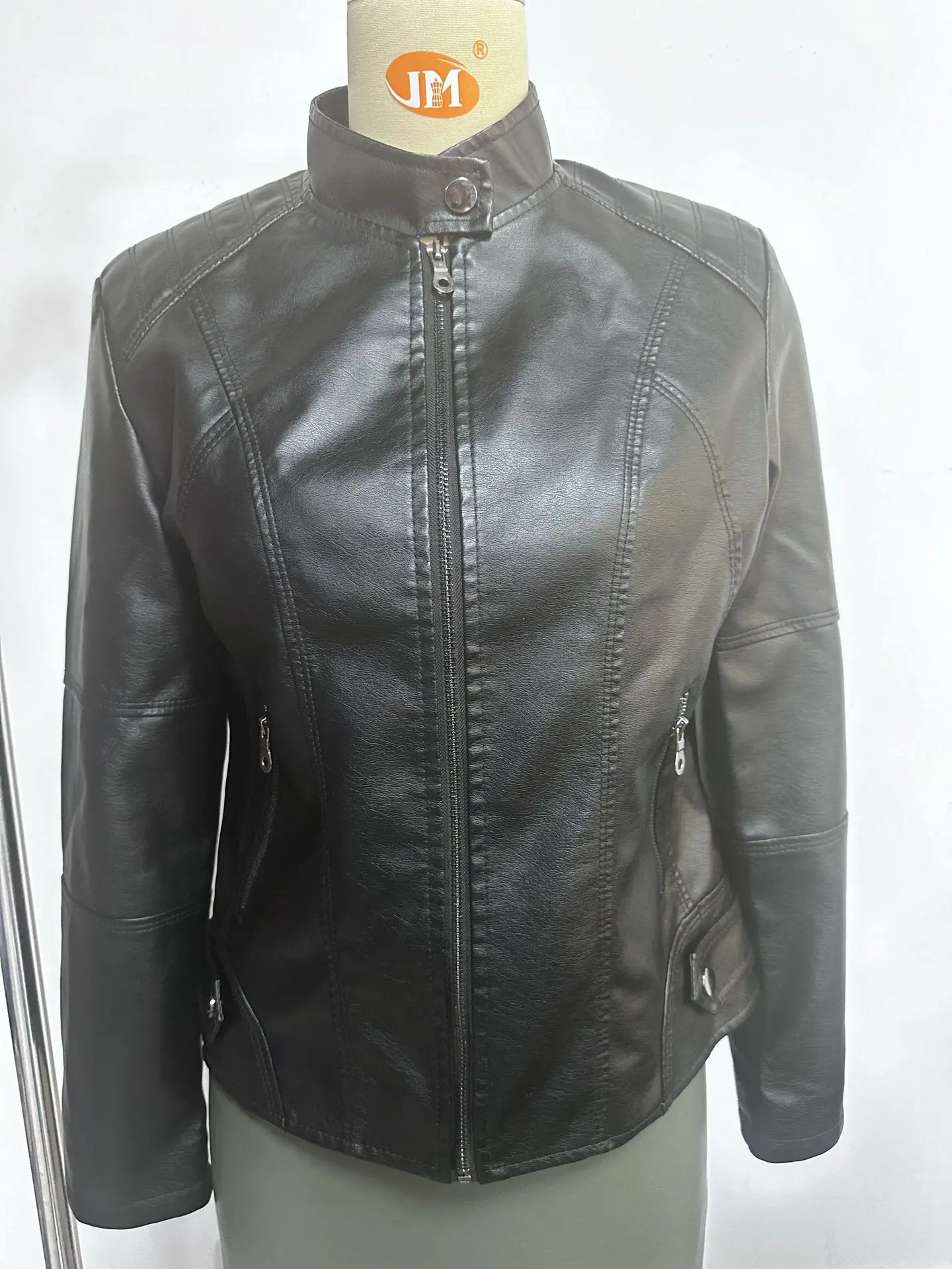 Women's Slim Fit Leather Jacket with Motorcycle Suit, Large Standing Collar, Autumn Black Zipper Outdoor Leather Windproof Top