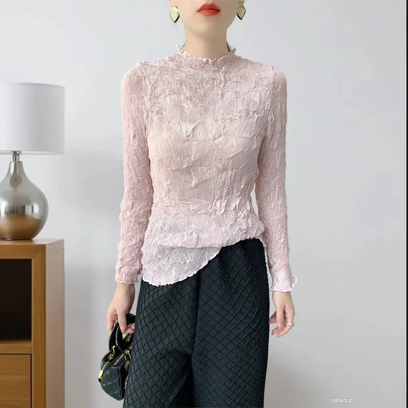 

Плиссированная блузка Miyake, женская нижняя рубашка, тонкая футболка с длинными рукавами, осень 2021, новая повседневная универсальная тонкая возрастная футболка