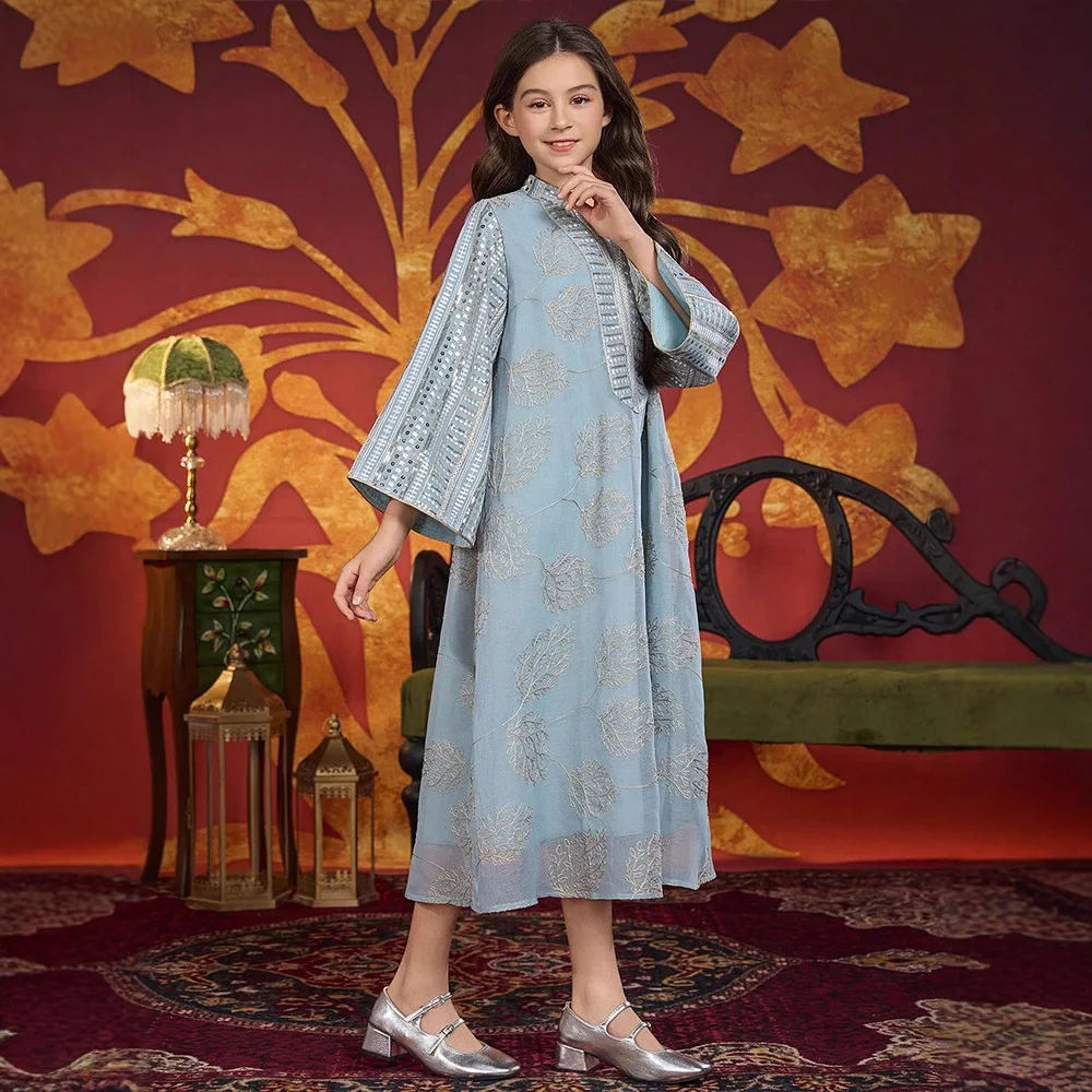 

Мусульманское детское платье макси с вышивкой и блестками для девочек, халат, молитвенный Рамадан, Марокко, исламская детская одежда, арабская Абая, Турция, вечерние