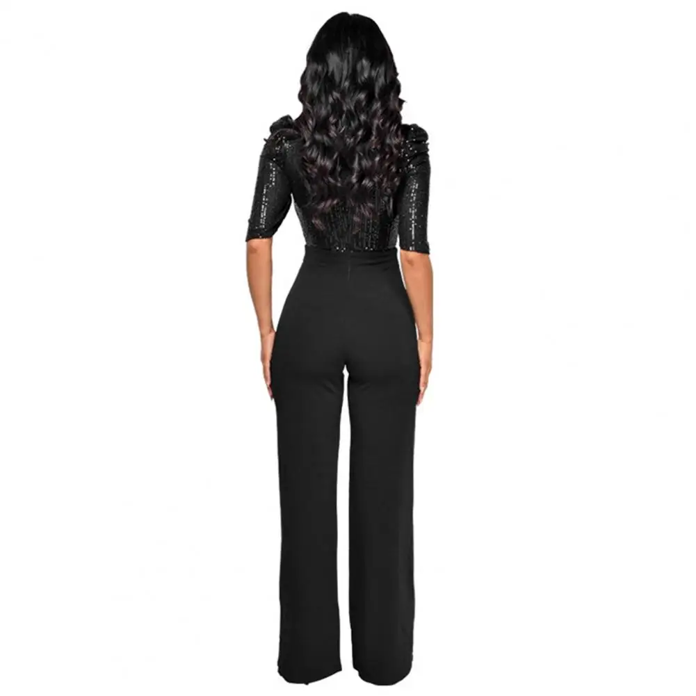 

Summer Jumpsuit Elegant Sequin Splicing Jumpsuit for Women Slim Waist Summer Romper Overall with Wide Leg Pants Stylish O Neck