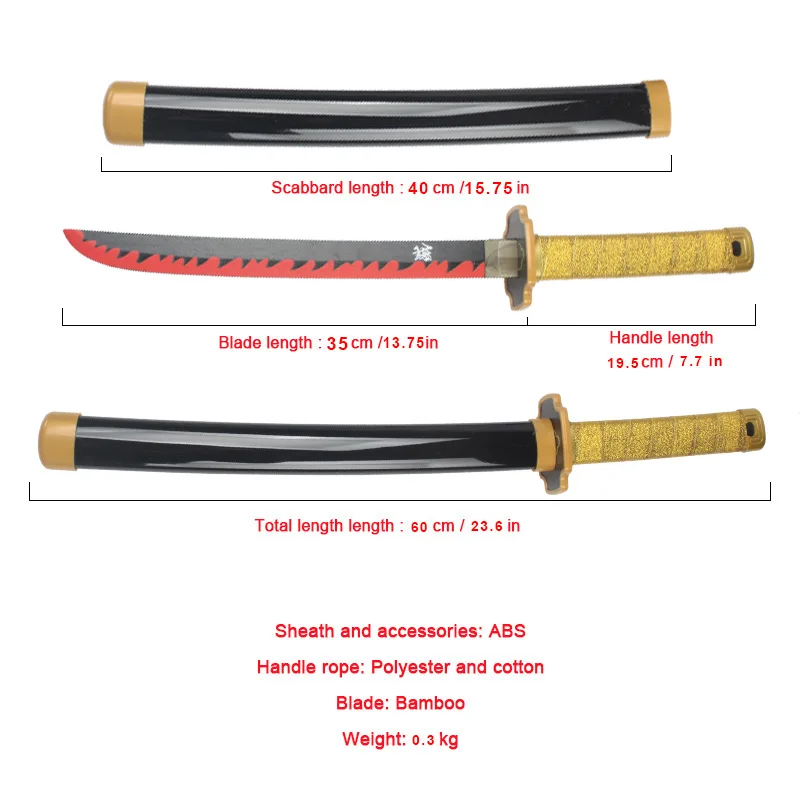 Demon Slayer Katana Bamboo Blade Toy Sword 60cm/23.6in Role-playing Halloween Gift Costume Props