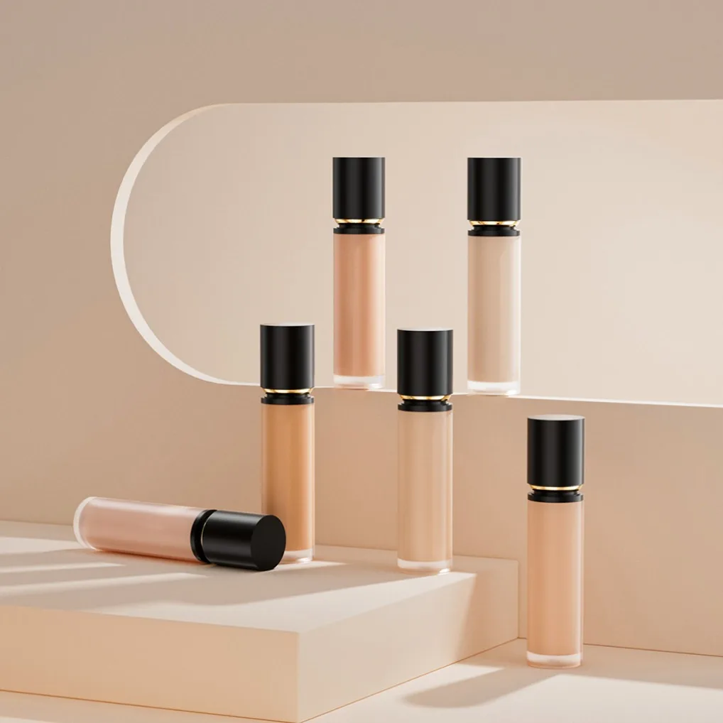 Base líquida correctora de larga duración, resistente al agua, vegana, personalizada, de etiqueta privada, cobertura completa, sin manchas, botella negra, cosméticos