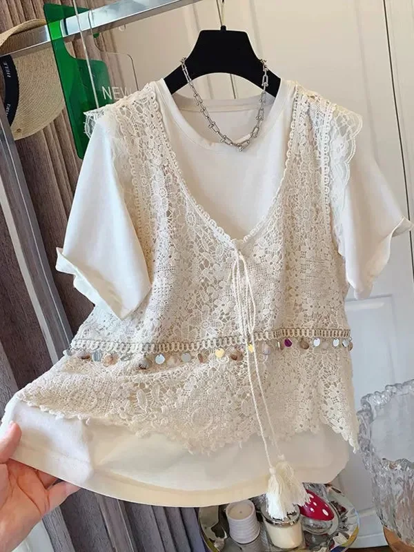 

Retro Lace Hook Flower Vest Loose n Sle Versatile Layering V-Ne Svel Top Women's Summer Faion