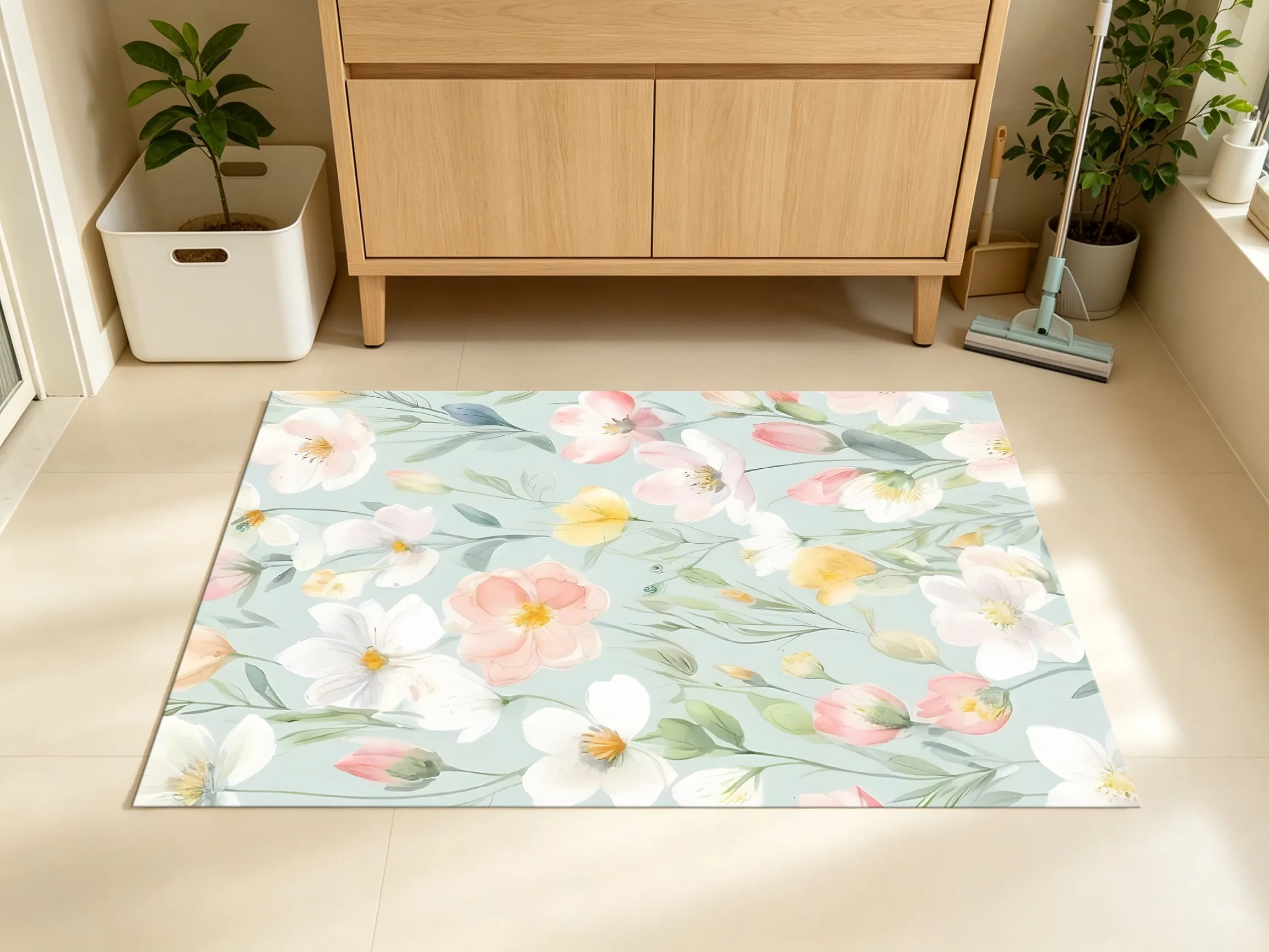 2D Watercolor Pink White Floral Pattern Rug Fresh Soothing Style Living Room Bedroom Home Decor