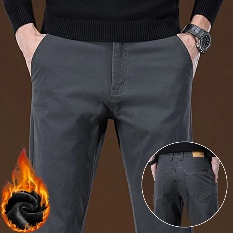 

2025 Men Winter Thermal Loose Straight Leg Casual Suit Pants Male Fashion Business Simplicity Pants Stretch Dark Gray Trousers