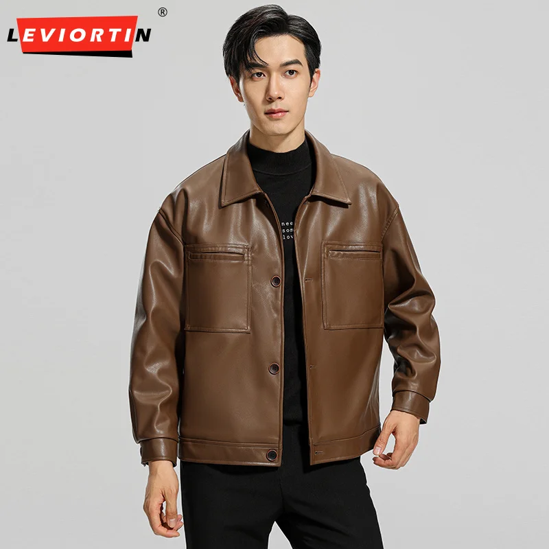 남성용 PU 가죽 재킷, 솔리드 라펠 지퍼 코트, 긴팔, 캐주얼 작업복, 워시 프리 오토바이 재킷, 스트리트웨어, 가을, 신상