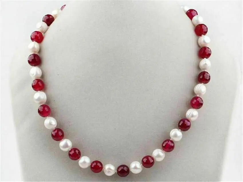 

7-8mm White Freshwater Pearl & 8mm Red Ruby Gems Round Beads Necklace 18" AAA