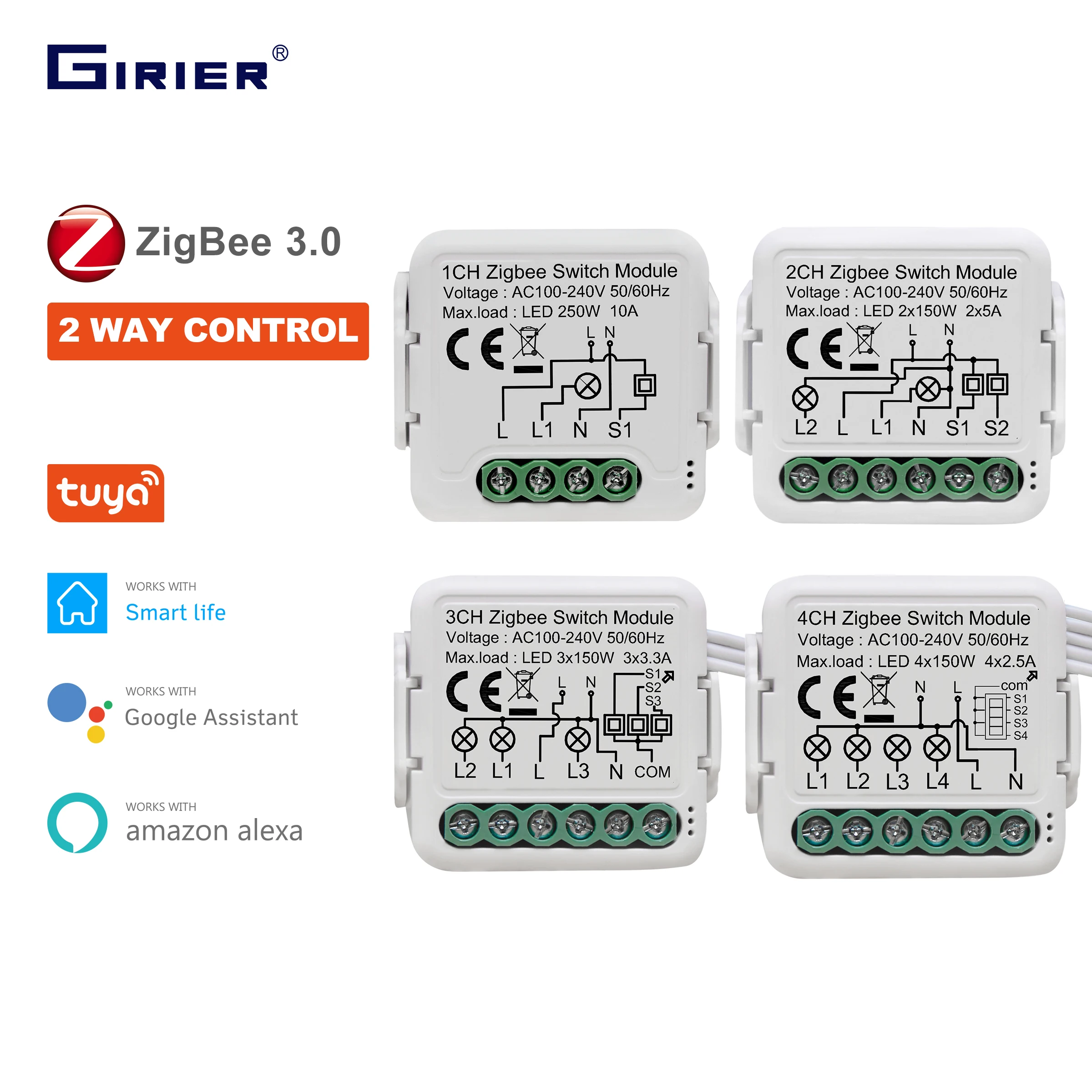 GIRIER Tuya ZigBee 3.0 Light Switch Module, Smart DIY Breaker 1 2 3 4 Gang Supports 2 Way Control, Works with Alexa Google Home