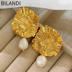 Bilndi Modern Jewelry 925 Silver Needle Geometric Metal Gold Color Pearl Dangle Earrings For Women Gift 2023 Trend New Hot Sale