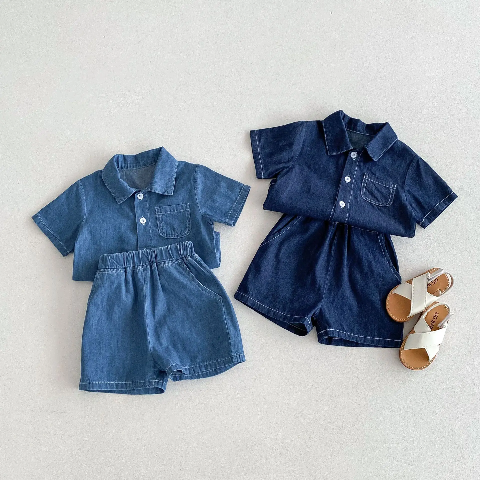 

Summer New Children Short Sleeve Denim Set Boys Girls Thin Shirts Cardigan + Shorts 2pcs Suit Kids Toddler Solid Casual Outfits