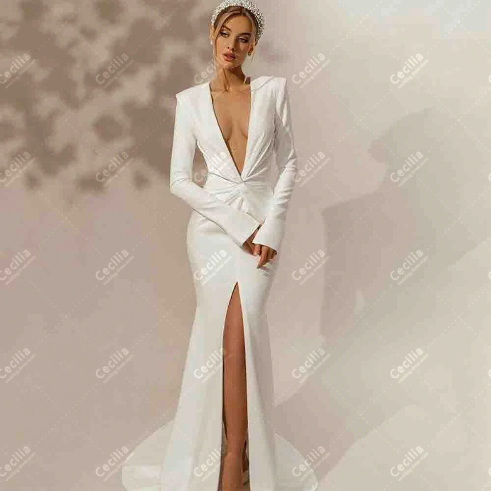 

Modern Wedding Dresses Satin Bridal Gowns Deep V-Neck Full Sleeves Sheath Mermaid High Slit Robes Simple Vestidos De Novia 2024