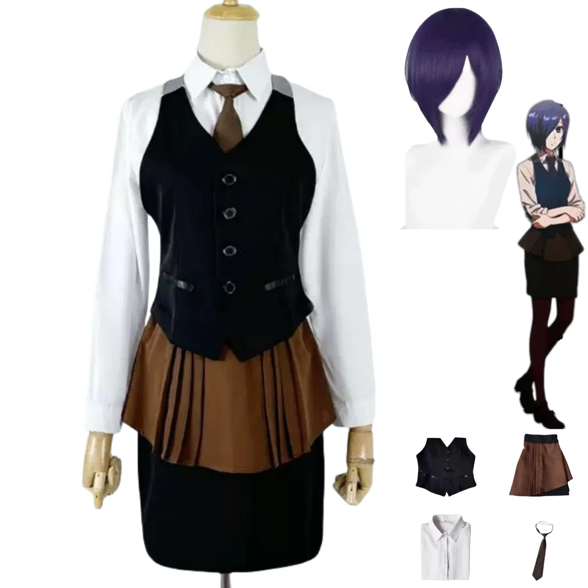 

Woman Sexy Halloween Coffee Restaurant Suit Anime Tokyo Ghoul Touka Kirishima Cosplay Costume Work Uniforms Shirt Vest Skirt Wig