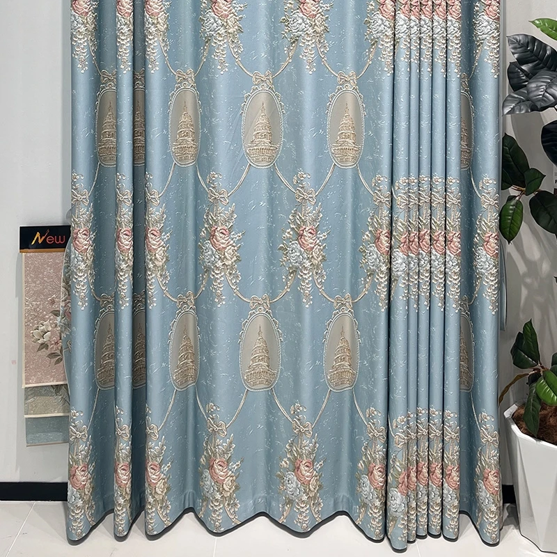 Custom High-grade jacquard European living room luxury chenille blue cloth blackout curtain tulle valance drape C2126