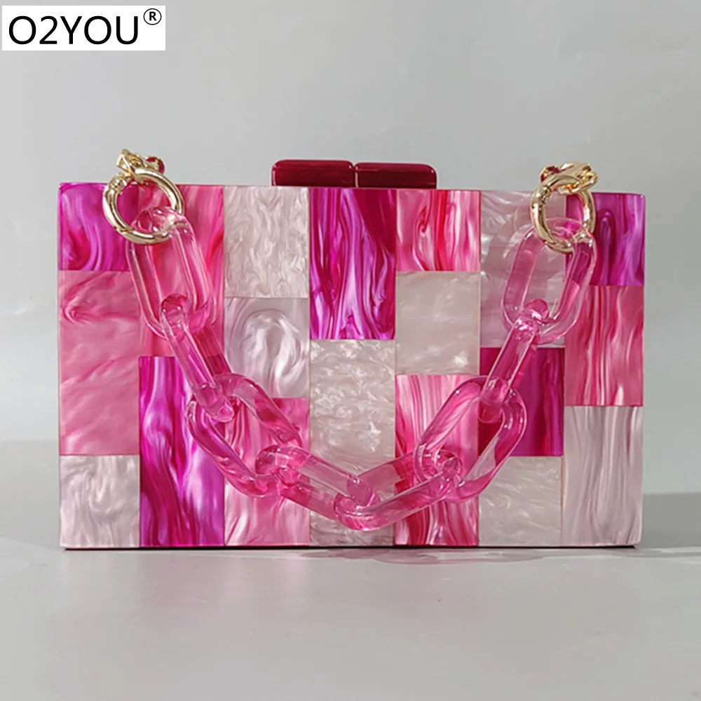 Rose-Carmine Plaid Wallet Women Brand New Luxury Wedding Party Bag Acrylic Box Day Clutches Evening Party Wedding Mini Purse