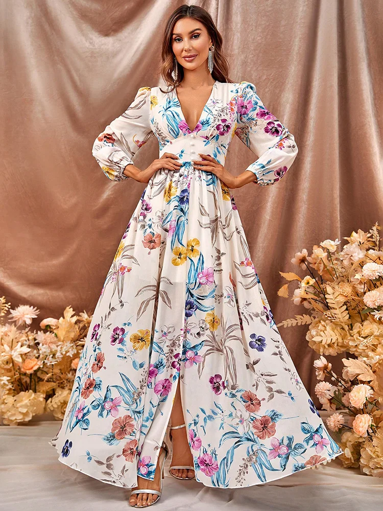 

TOLEEN 2024 New Sexy Spring Summer Long Sleeves Floral Women Maxi Dresses Elegant Beautiful Party Dress Casual Holiday Clothing