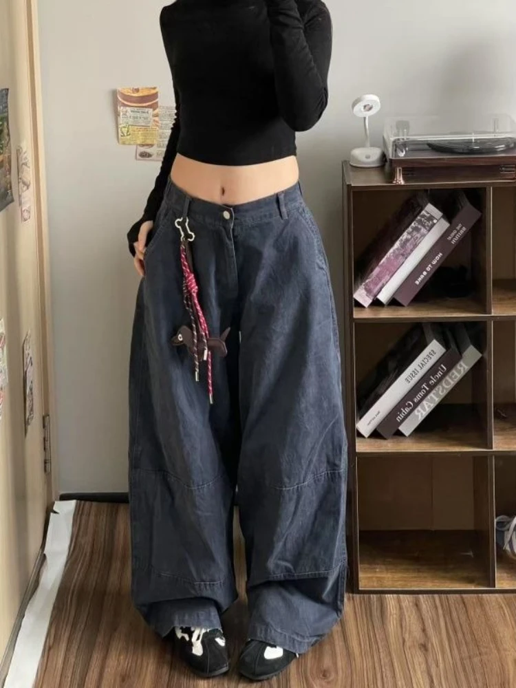 

HOUZHOU Vintage Washed Women Cargo Jeans High Waist Wide Leg American Style Denim Pants Baggy Trousers Y2k Casual High Street