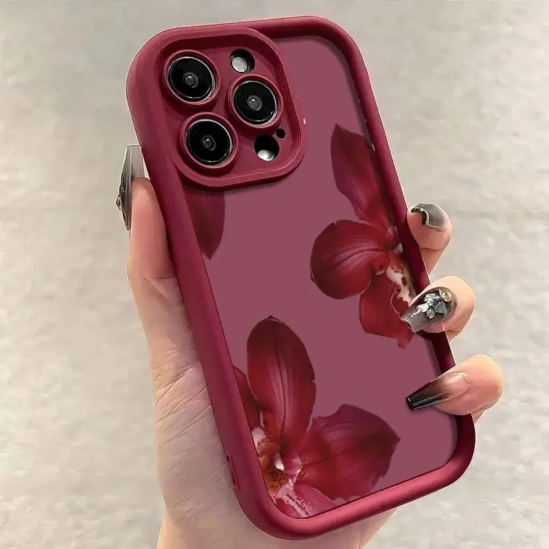 Wine Red Orchid Flower Pattern Phone Case For iPhone 11 12 13 14 15 16 Pro Max 16E XS Max XR 14 15 16 Plus Silicone Soft Cover - view 4