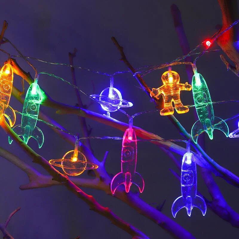 Guirnalda de luces LED de dibujos animados con batería, astronauta, cohete, decoración de habitación de niños, adorno de fiesta de cumpleaños y Navidad