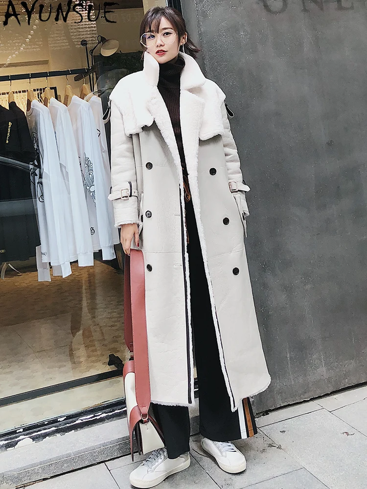 AYUNSUE 천연 양피 모피 코트 여성 메리노 양모 리얼 퍼 여성 코트 롱 스타일 겨울 의류 2025 Jaqueta Feminina