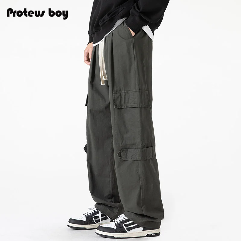 

ProteusBoy Американские хлопковые рабочие брюки в стиле ретро для занятий спортом на открытом воздухе, повседневные прямые брюки с широкими штанинами и завязками