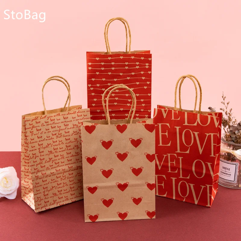 StoBag-Valentine's Day Party Gift Bags Love Decoration Kraft Paper Packaging Candy Chocolate Cookies Snack Wedding Supplies 5Pcs