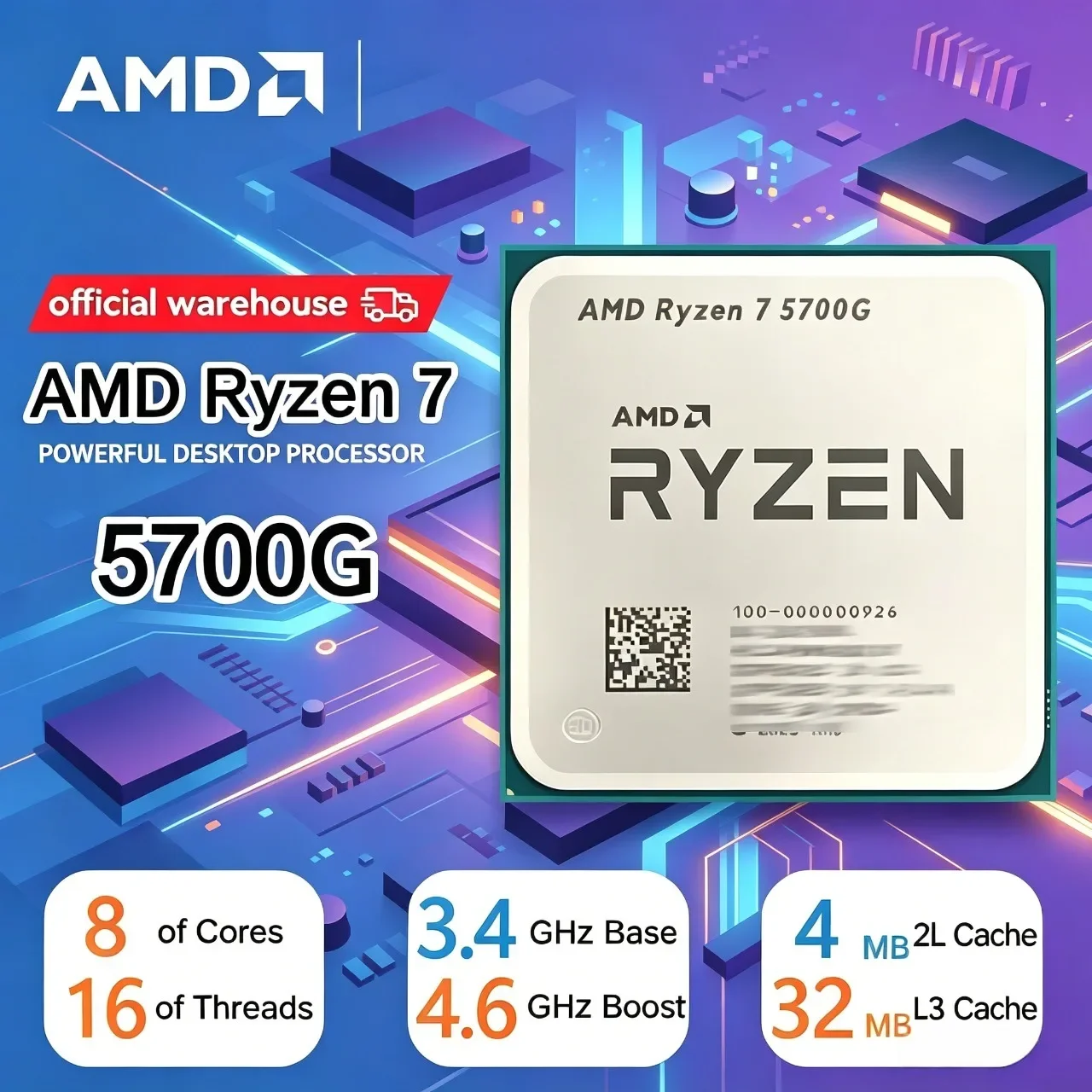 CPU AMD Ryzen 7 5700G con 16MB de Caché L3, AMD R7 5700G 100% Nuevo, 4.6GHz, 8 Núcleos, 16 Subprocesos, Socket AM4, Sin Embalaje