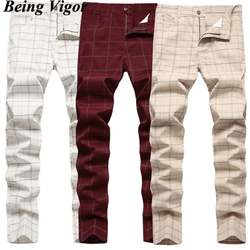 Being Vigor Street Mens Chino Pants Stretchy Inch Size Business Casual Straight Plaid Pants Slim Fit Leisure Trousers