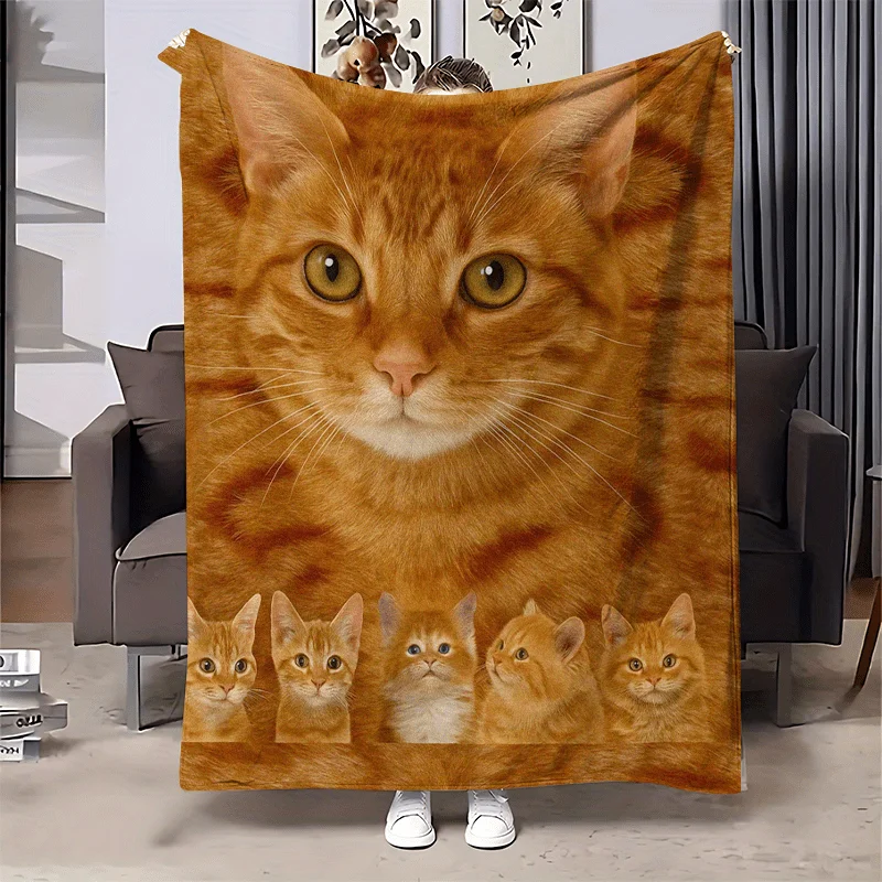 Lovely Ginger Tabby Cat Family Fleece Blanket, Vivid Lifelike Five Kittens Cozy Cover for Living Room Office Rest Camping All