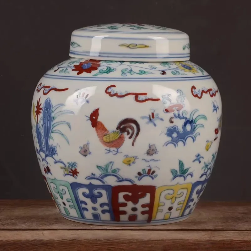 Chinese Blue and White Doucai Porcelain Pot Ming Chenghua Rooster Design 4.72