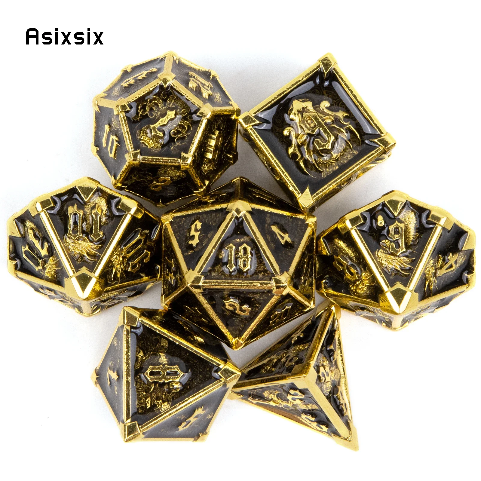 

7 Pcs Black Golden Skull Metal Dice Solid Metal Polyhedral Dice Set Suitable for Role-Playing RPG Board Game Card Game