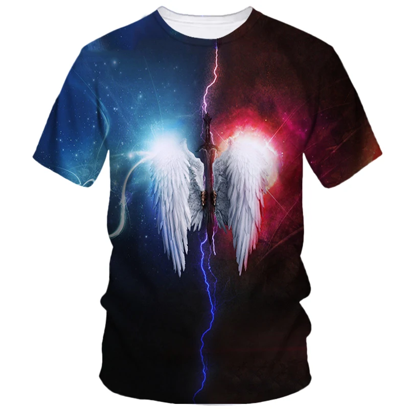 New Creative Angel Wings Printed Men\'s T-Shirt Casual Personality Comfortable Loose Short Sleeve Street Personality Harajuku Top