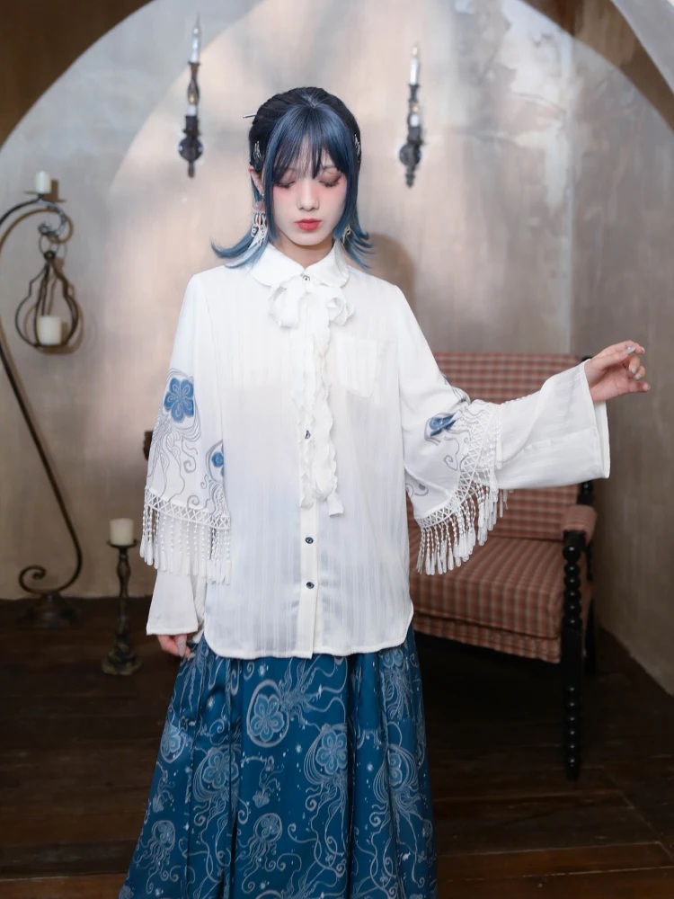 Japanese Doll Collar Double-sleeved Design White Shirt Women's Clothes Autumn Splicing Fringed Lace Top Single-breasted Blouse