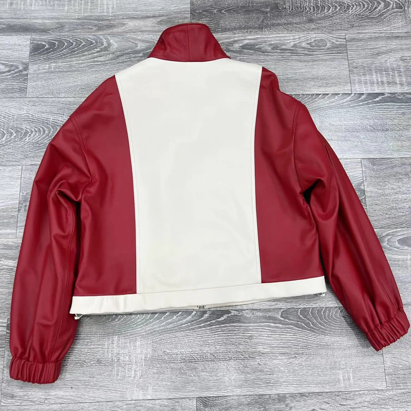 Red and White Double Color Baseball Jacket for Women Autumn New Edition Alive Genuine Leather Sheepskin Short Coat Outerwears