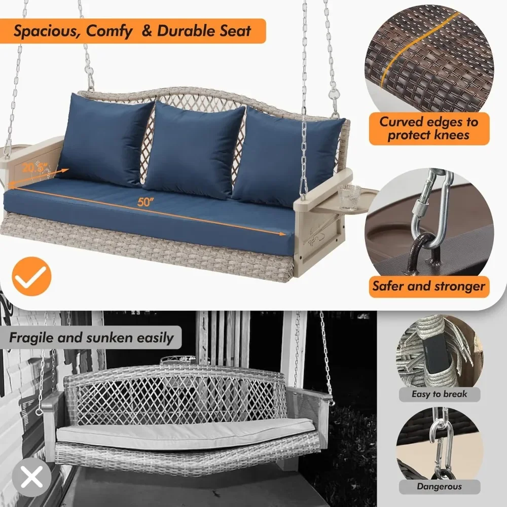 Upgraded Wicker Hanging Porch Swing Heavy Duty 900 LBS 3-Seat Outdoor Patio Swing Chair Bench for Adult w/ 8.9ft Hanging Chains