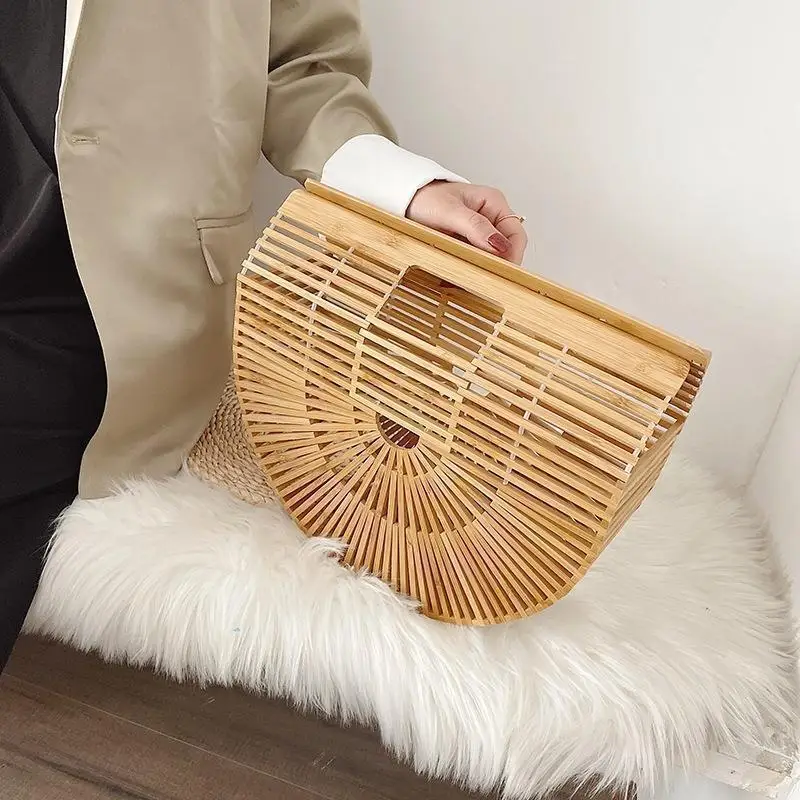 Handmade Bamboo Woven Bag Clutches Semi-circular Vacation Outdoor Beach Bag European American Fashionable Women's Handbag