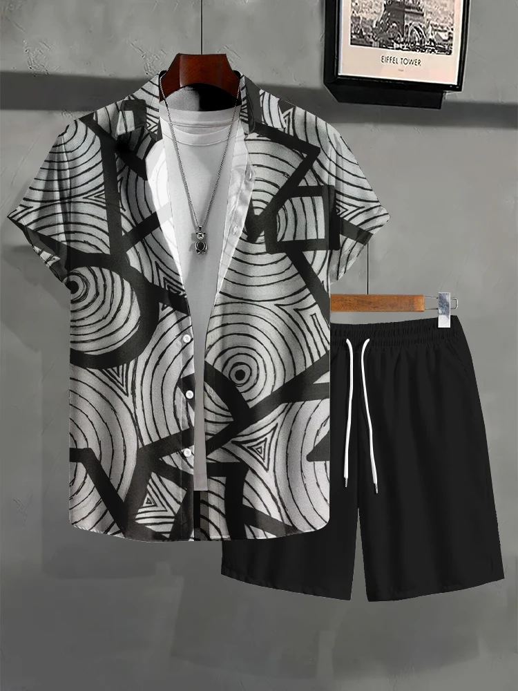 

Vintage Urban Street Fashion Men's Shirt 2pcs Set Outdoor Party Men Beach Shorts Everyday Casual Man Short-sleeved Shirt