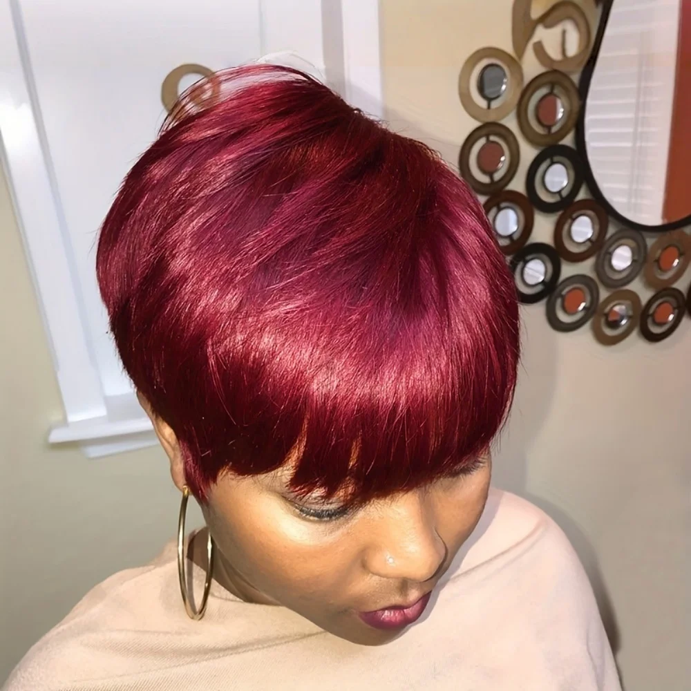 

Парик с стрижкой пикси для женщин 99J Бордовый короткий парик из натуральных волос 6-дюймовый парик из прямых волос Полный парик машинного производства